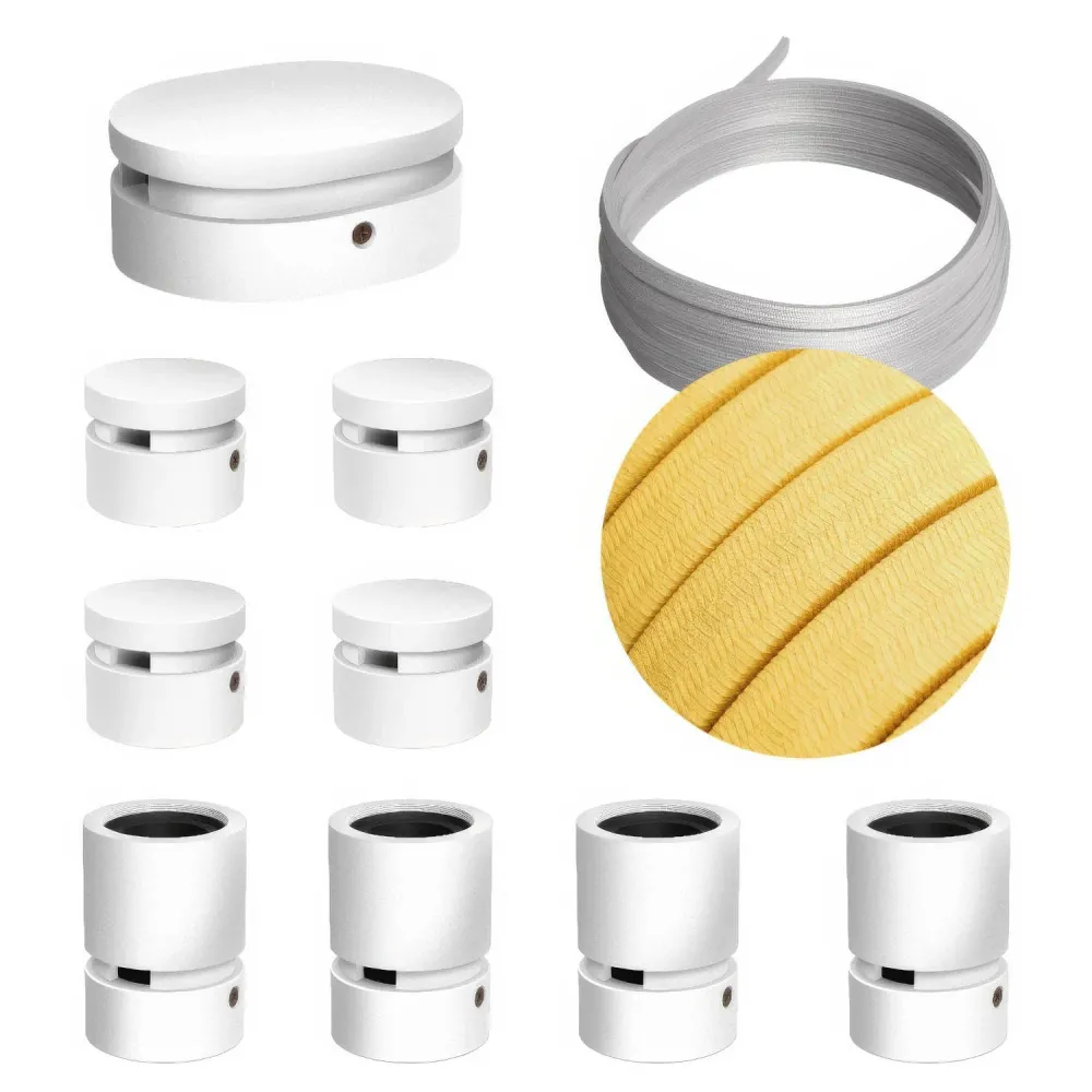 Système Filé Symmetric Kit - avec câble CM10 de 5 m pour guirlande lumineuse et 9 composants en bois peint blanc pour l’in...