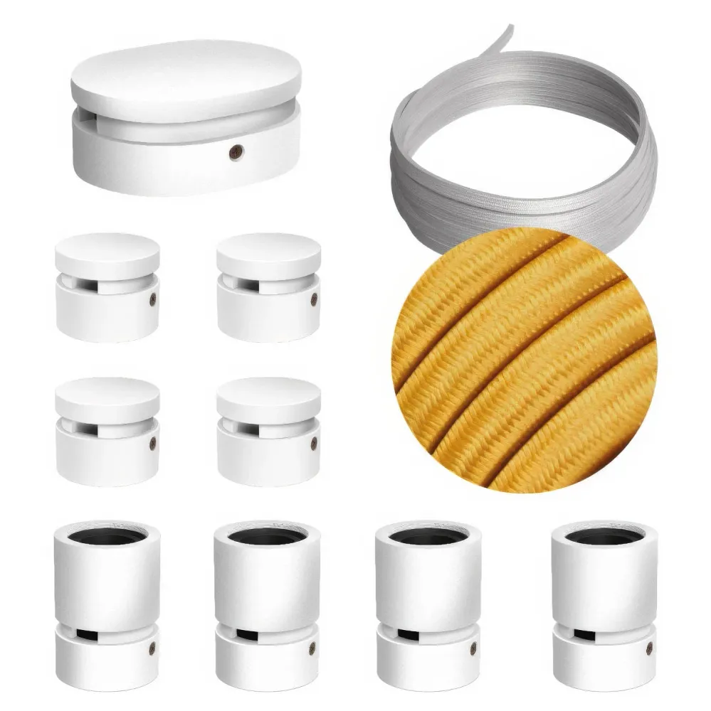 Système Filé Symmetric Kit - avec câble CM05 de 5 m pour guirlande lumineuse et 9 éléments en bois laqué blanc pour intérieur