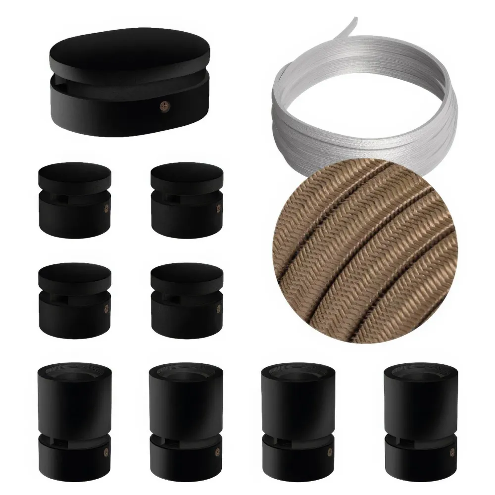 Système Filé Symmetric Kit - avec câble CM27 de 5 m pour guirlande lumineuse et 9 éléments en bois peint en noir pour inté...