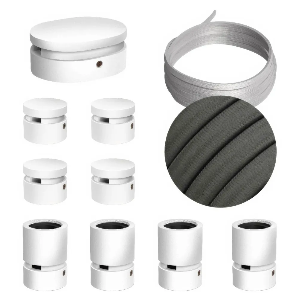 Système Filé Symmetric Kit - avec câble CM03 de 5 m pour guirlande lumineuse et 9 composants en bois peint blanc pour l’in...