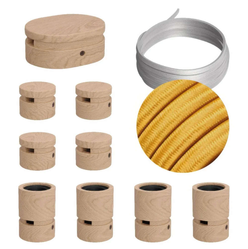 Système Filé Symmetric Kit - avec câble CM05 de 5 m pour guirlande lumineuse et 9 composants en bois pour intérieur