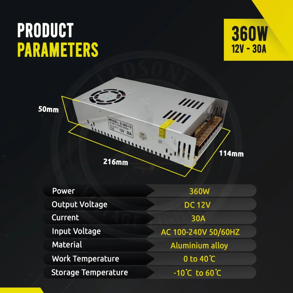 Transformateur Régulé DC 12V 30A 360W – Alimentation à Découpage IP20 pour LED ~1851