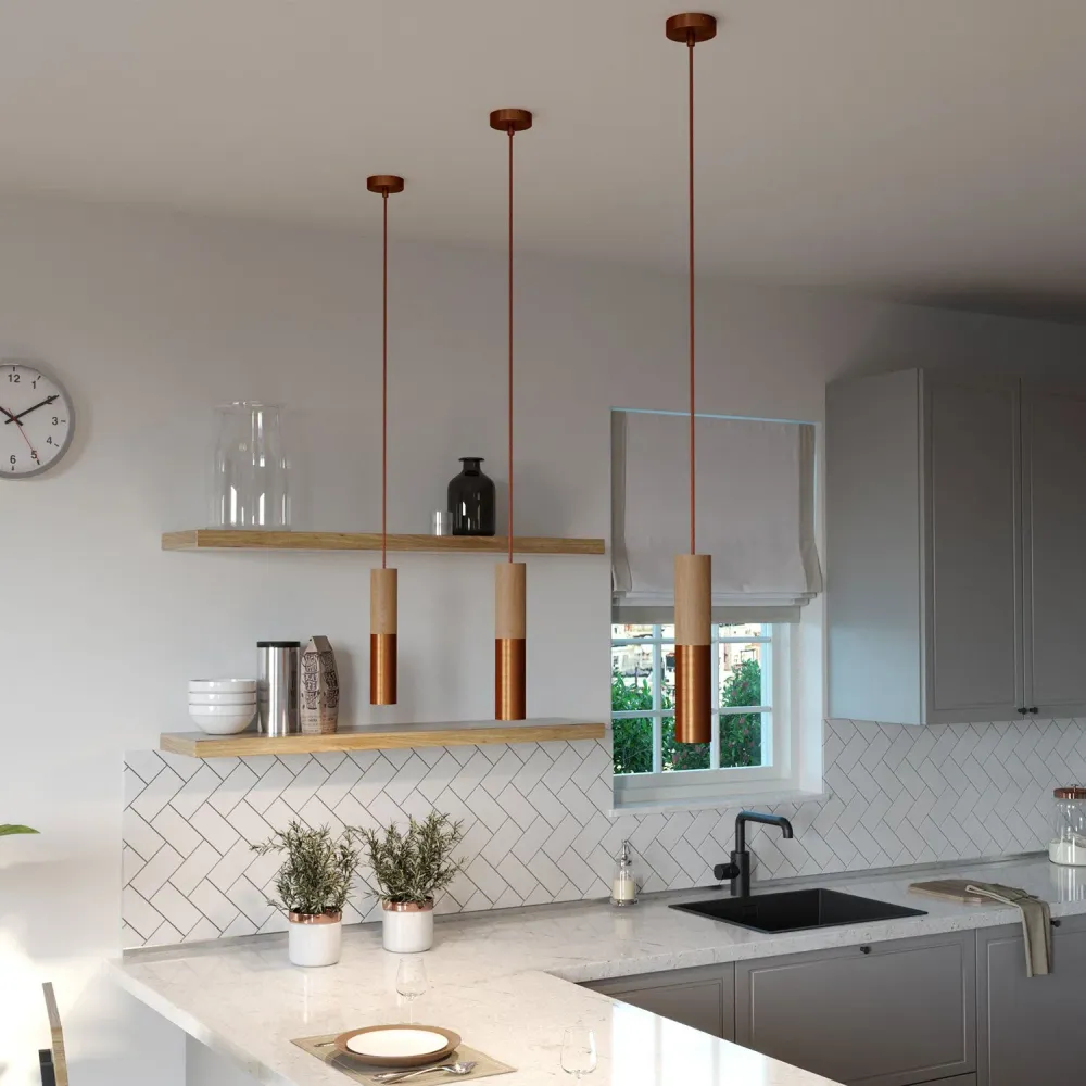 Tub-E14, tube en bois et métal pour spot avec double douille E14 - Neutre et cuivre satiné