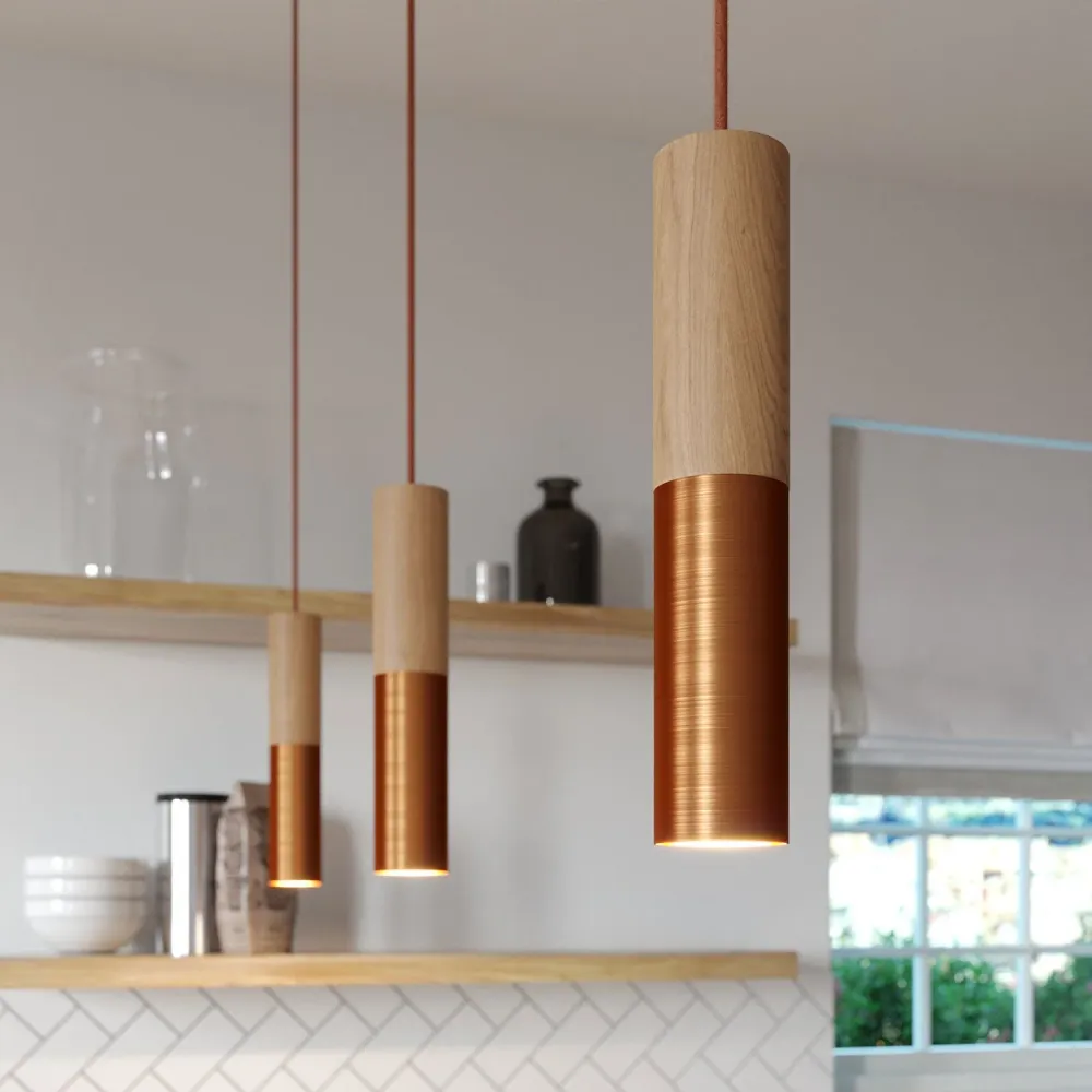 Tub-E14, tube en bois et métal pour spot avec double douille E14 - Neutre et cuivre satiné