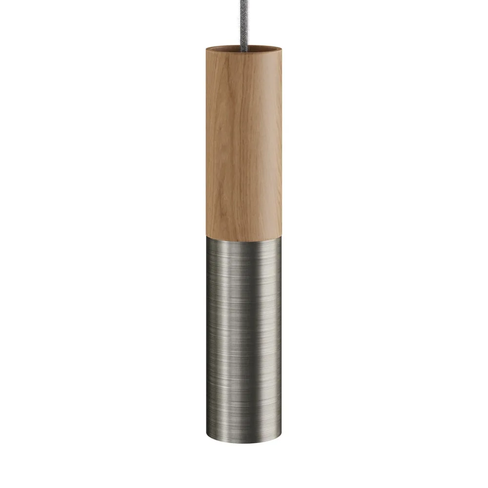 Tub-E14, tube en bois et métal pour spot avec douille double bague E14 - Neutre et Titane satiné