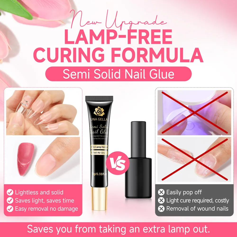 UNA GELLA Colle Ongles Sans Lampe – Gel Fort et Séchage Rapide 10ml x2