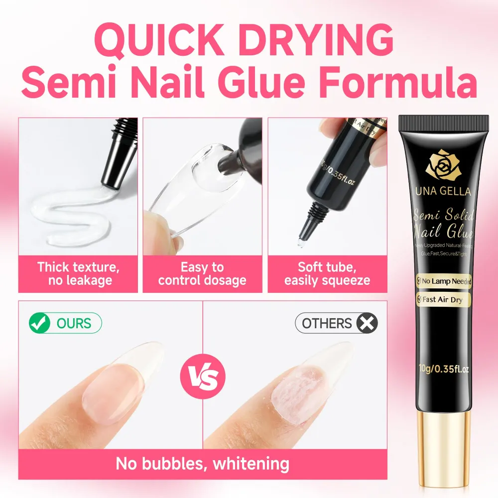 UNA GELLA Colle Ongles Sans Lampe – Gel Fort et Séchage Rapide 10ml x2