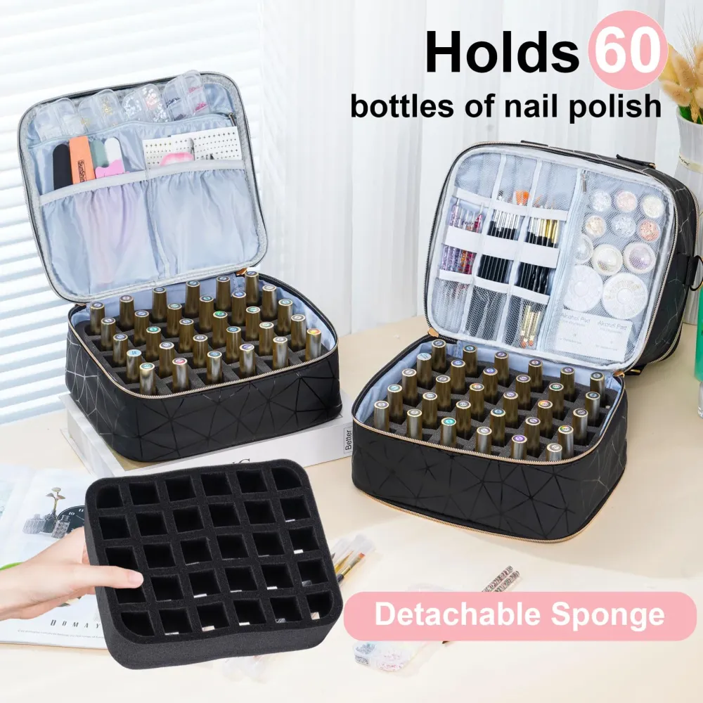 Uross Organiseur Vernis à Ongles – Sac 60 Bouteilles, Lampe et Trousse (Noir)
