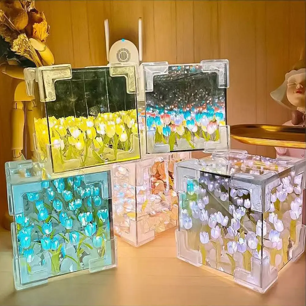 Veilleuse décorative tulipe à DEL 2 en 1 avec miroir – Lampe de nuit créative pour décoration intérieure