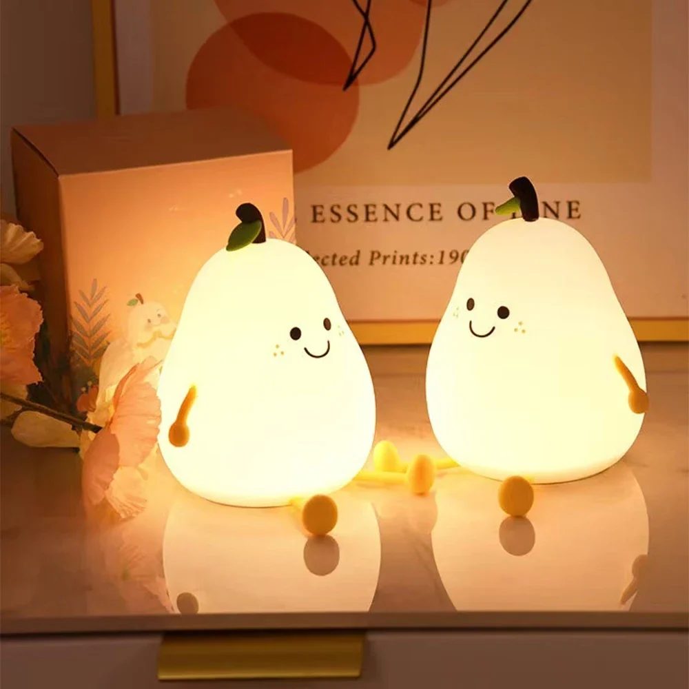 Veilleuse LED en forme de poire fruit, rechargeable USB, variateur tactile, décoration chambre douce
