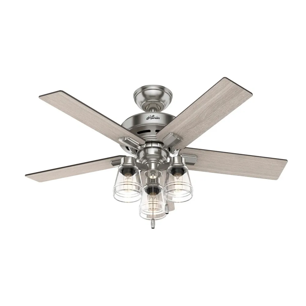 Ventilateur de plafond Hunter 44 Altidore en nickel brossé avec kit d'éclairage LED et chaînette - Style campagnard, rusti...