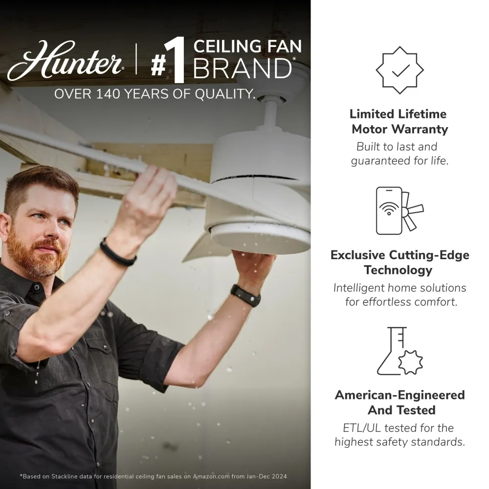 Ventilateur de plafond Hunter 44 Altidore en nickel brossé avec kit d'éclairage LED et chaînette - Style campagnard, rusti...