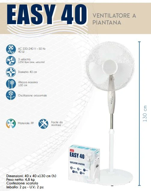 Ventilateur sur pied "Easy" à 3 vitesses, pale Ø 40 cm, hauteur réglable h 130 cm