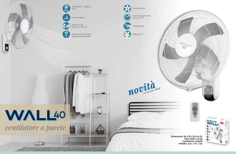 Wall 3 Ventilateur mural oscillant à 5 pales avec télécommande Ø 40 cm