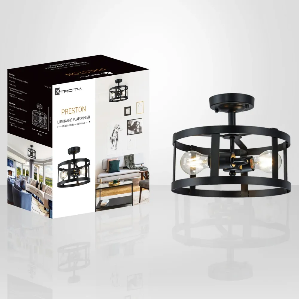 Xtricity - Plafonnier Décoratif à 2 Ampoules, Largeur de 11.8", De la Collection Preston, Noir