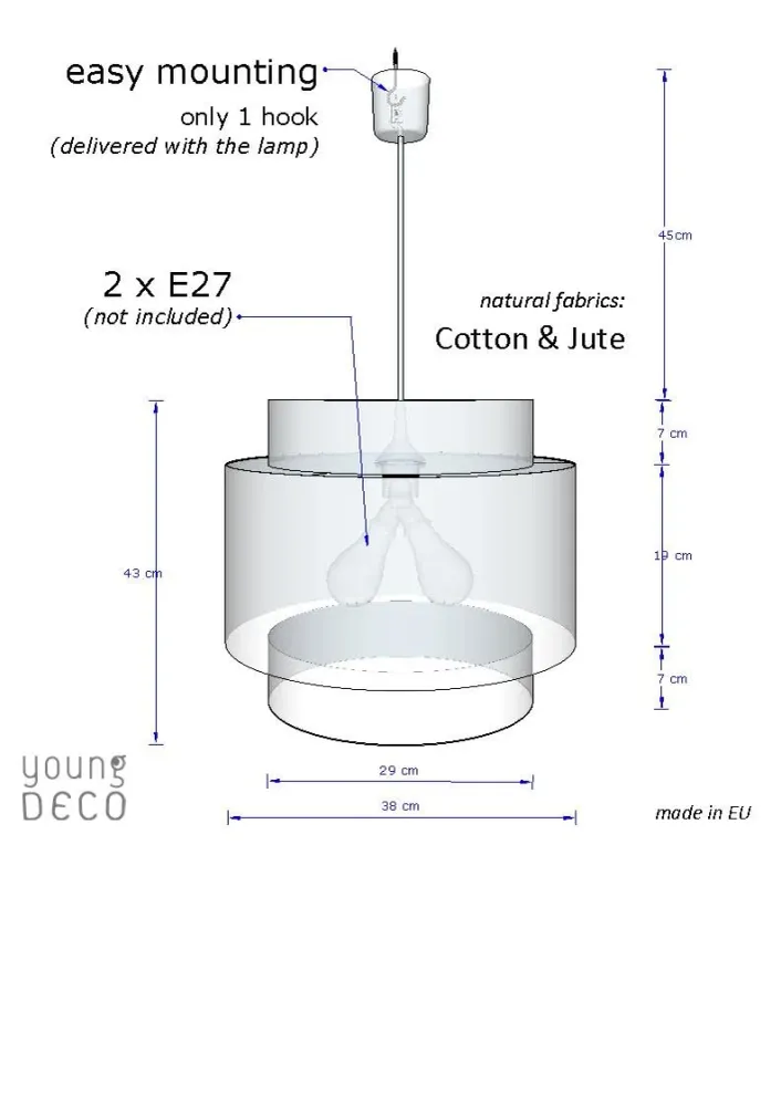 youngDECO® Lampe à suspendre Boho - Abat-jour en Tissu de coton en Sauge Ø 38 cm et hauteur 44 cm - Éclairage de Plafond c...