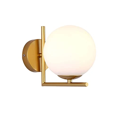 ZTTECH Applique Murale Boule en Verre Blanc, Globe en Verre Blanc avec Applique Murale à Base Dorée pour Chevet (Doré)