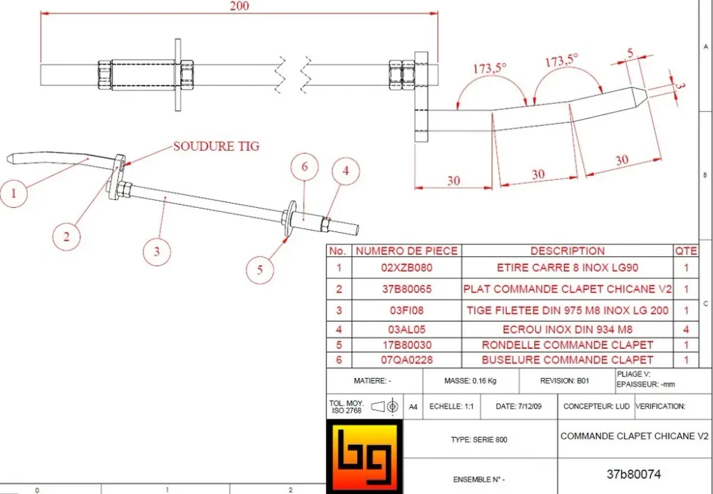 BODART & GONAY - 37B80074 bedieningstaaf voor chicane Opti 800 V2 commande clapet (Modèle à double commande)