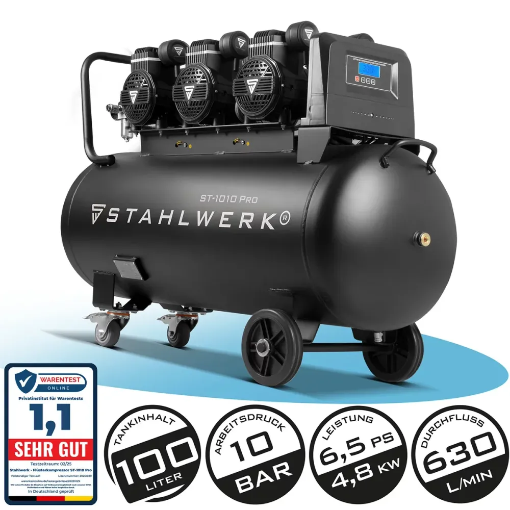 Compresseur Steelworks ST-1010 Pro avec 10 bar | 6.5 PS | 4,8 kW | 630 L / min | 100 L Réservoir de compresseur d'air comp...