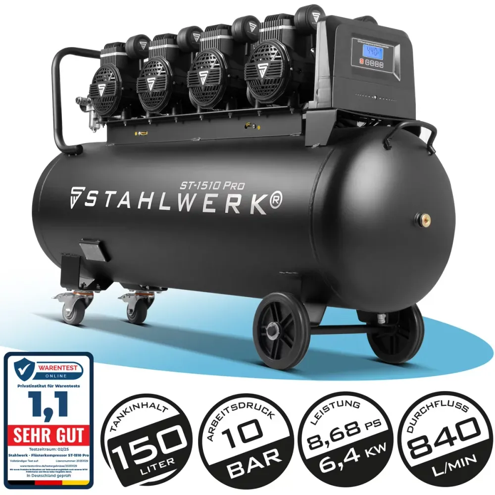 Compresseur Steelworks ST-1510 Pro avec 10 bar | 8.6 PS | 6,4 kW | 840 L / min | 150 l réservoir de compresseur d'air comp...