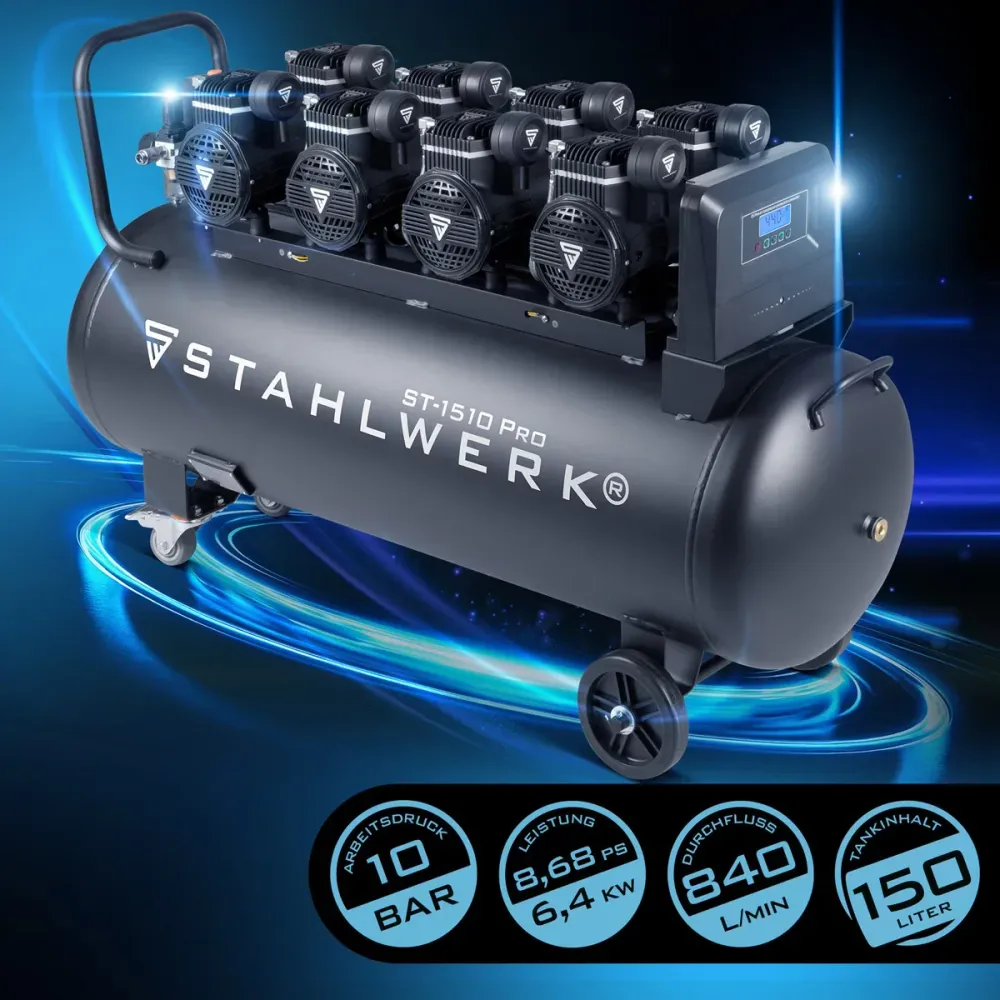 Compresseur Steelworks ST-1510 Pro avec 10 bar | 8.6 PS | 6,4 kW | 840 L / min | 150 l réservoir de compresseur d'air comp...