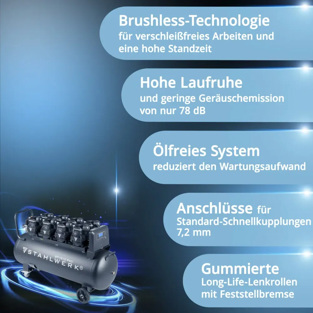 Compresseur Steelworks ST-1510 Pro avec 10 bar | 8.6 PS | 6,4 kW | 840 L / min | 150 l réservoir de compresseur d'air comp...
