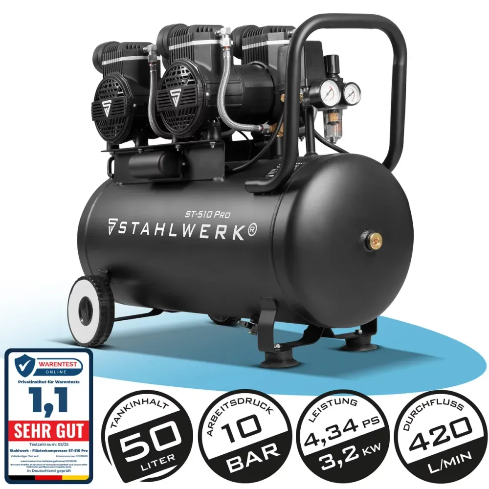 Compresseur Steelworks ST-510 Pro avec 10 bar | 4.3 PS | 3.2 kW | 420 L / min | Réservoir de 50 L de compresseur d'air com...