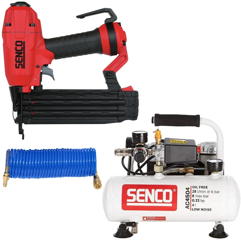 Lot finition SENCO: Cloueur Finishpro18BL G18 + compresseur AC4504 + tuyau spiralé - Senco-B5 18V | 2 Batteries