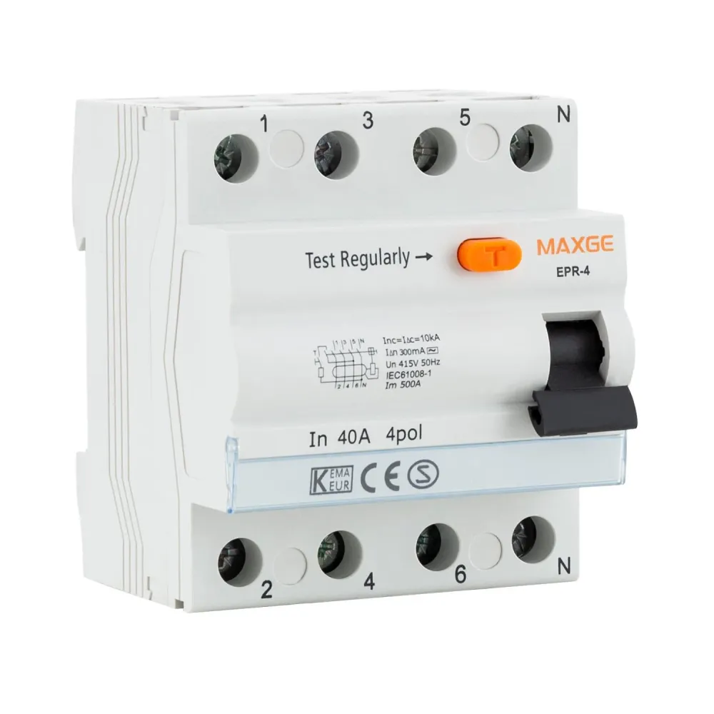 Disjoncteur différentiel domestique 4 pôles 300mA 40A type AC MAXGE 6kA