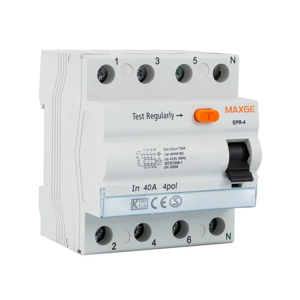 Disjoncteur différentiel industriel 4 pôles, 30mA, 25-40A, classe AC, 10kA.