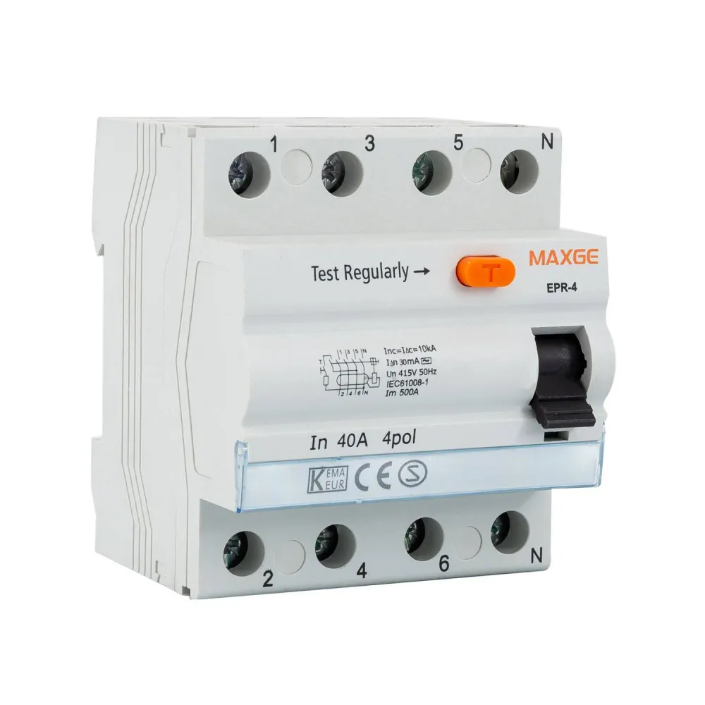 Disjoncteur différentiel industriel 4 pôles, 30mA, 25-40A, classe AC, 10kA.
