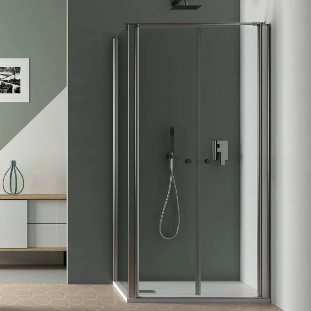 Cabine de douche d'angle 115x70 avec porte à ouverture saloon et paroi fixe en verre translucide 6 mm