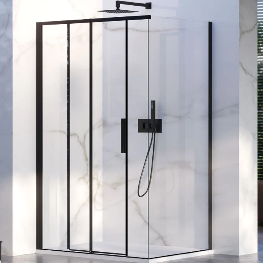 Cabine de douche d'angle 70x140 avec côté fixe et porte coulissante en verre 6 mm et profilé noir Version Gauche