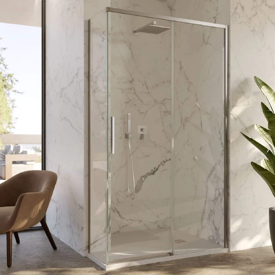 Cabine de douche d'angle 70x150 avec côté fixe et porte coulissante en cristal 6 mm et profilé chromé brillant version droite