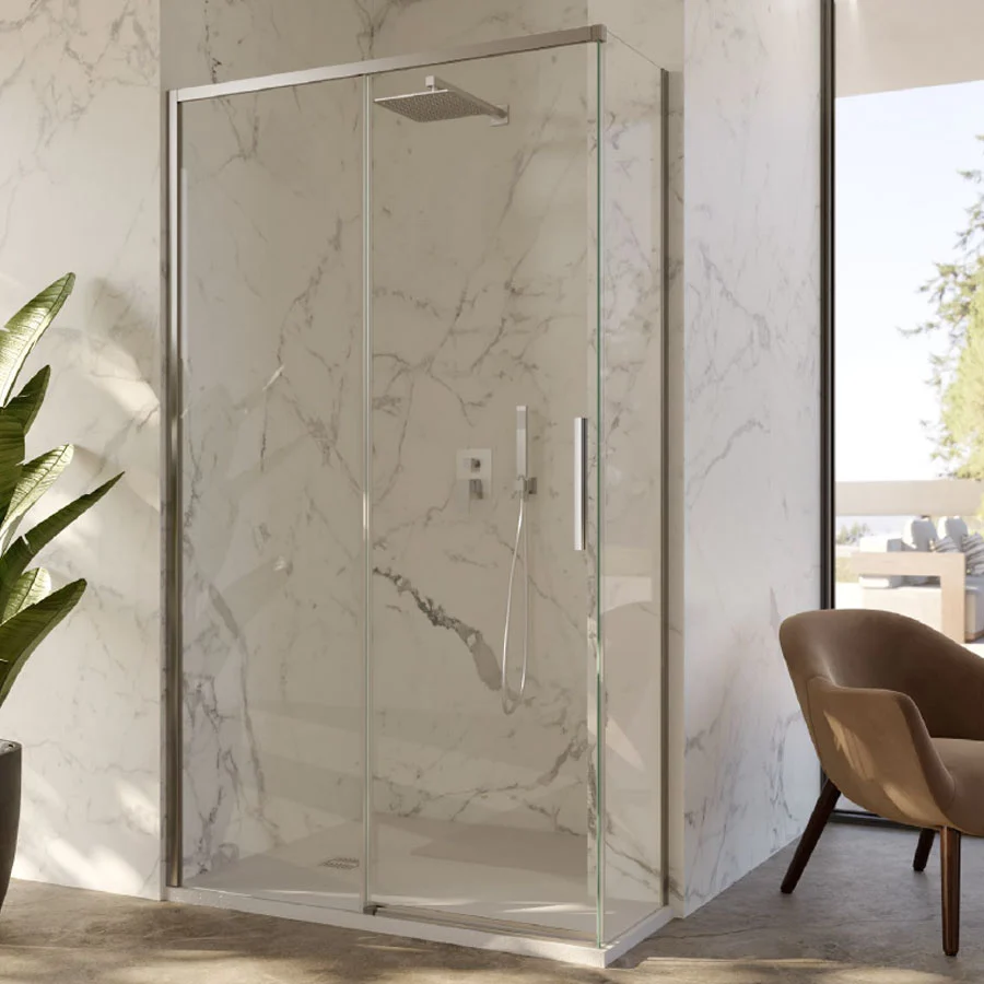 Cabine de douche d'angle 80x120 avec côté fixe et porte coulissante en verre 6 mm et profilé chromé brillant version gauche