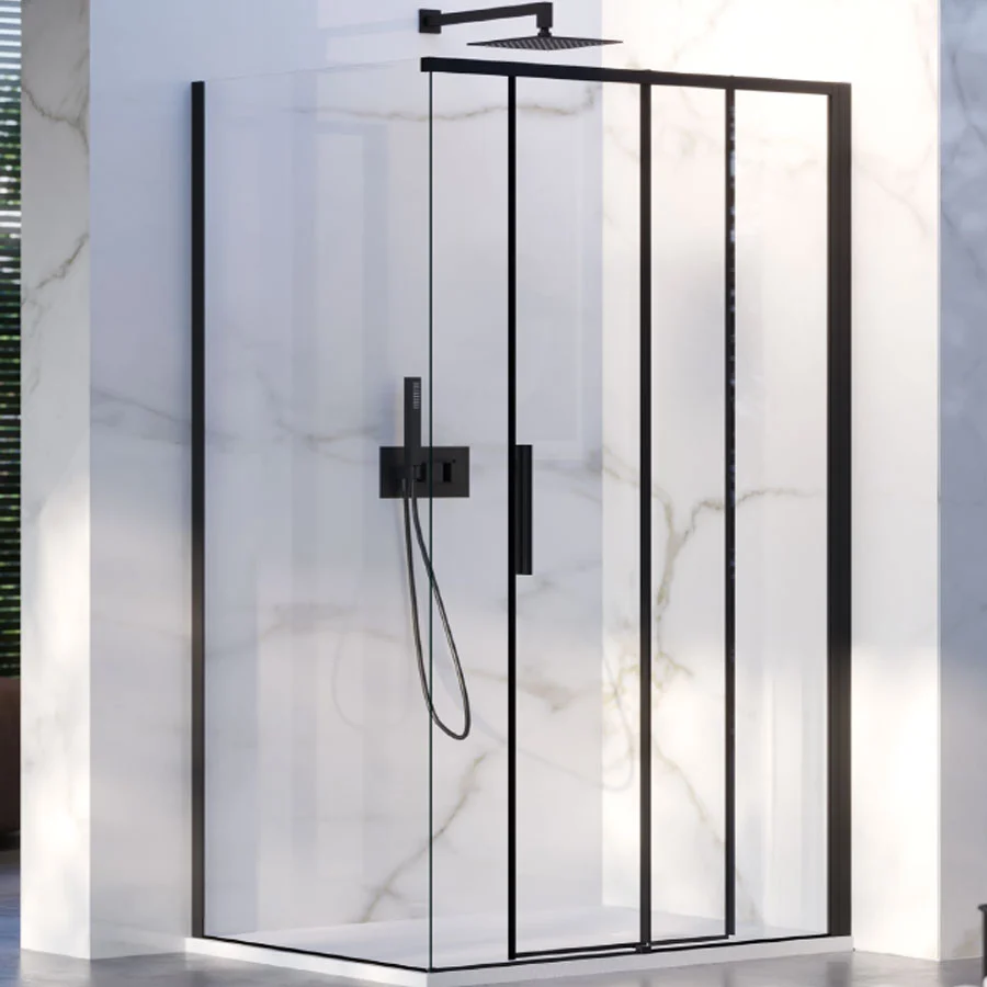 Cabine de douche d'angle 90x140 avec côté fixe et porte coulissante en verre 6 mm et profilé noir Version droite