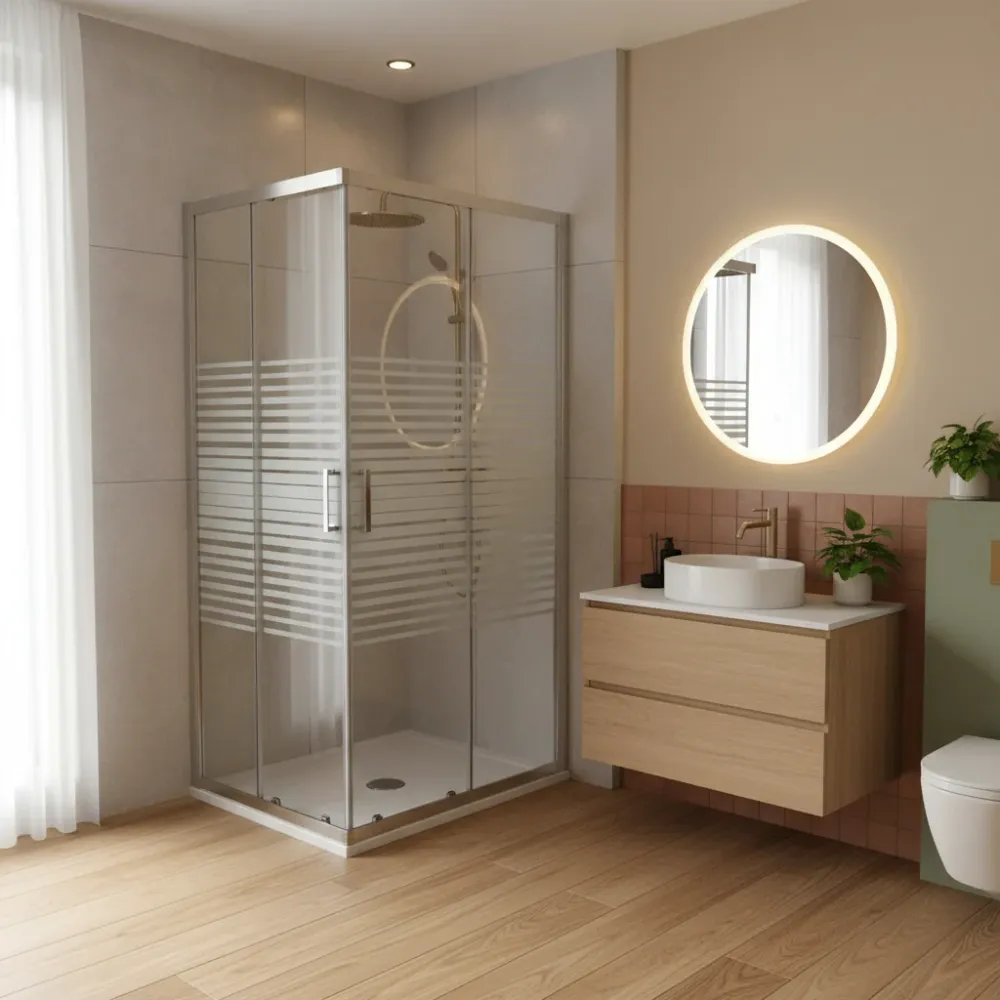 Cabine de douche Iconic 70x70 cm avec ouverture coulissante d'angle en verre trempé sérigraphié anticalcaire Connecté Clea...