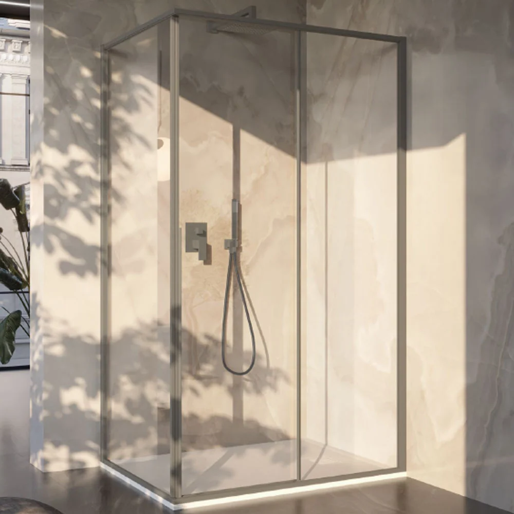 Cabine de douche rectangulaire 90x150 en verre de 6 mm et profil minimal en aluminium couleur Taupe. Version droite