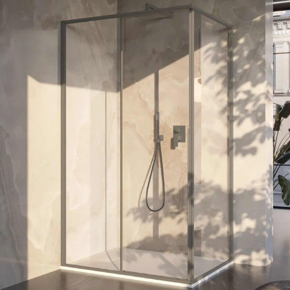 Cabine de douche rectangulaire 90x160 en verre de 6 mm et profil minimal en aluminium couleur Taupe. Version gauche