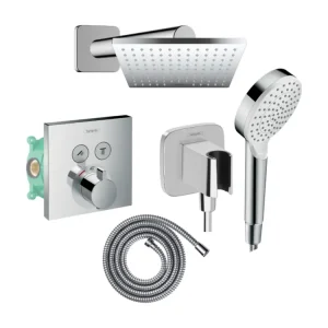 Colonne de douche thermostatique HANSGROHE ShowerSelect E Douche de tête Vernis Shape Élastique Metaflex Douchette Cromett...