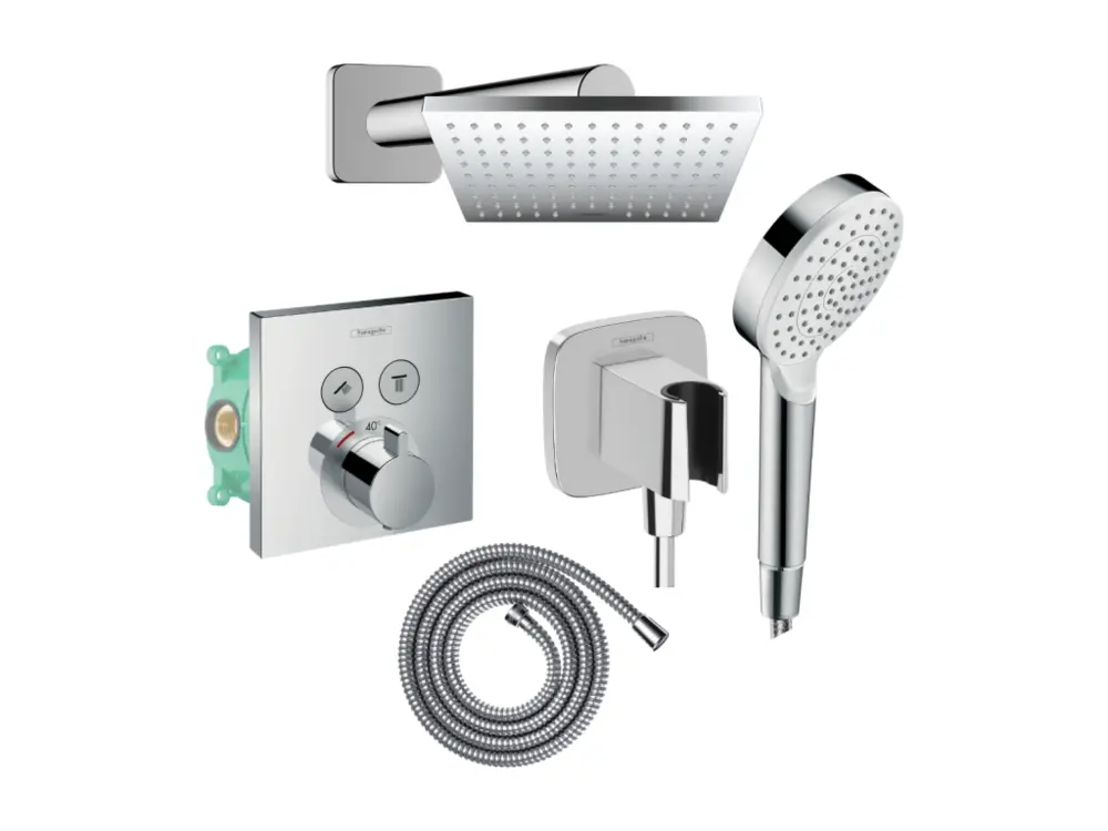Colonne de douche thermostatique HANSGROHE ShowerSelect E Douche de tête Vernis Shape Élastique Metaflex Douchette Cromett...