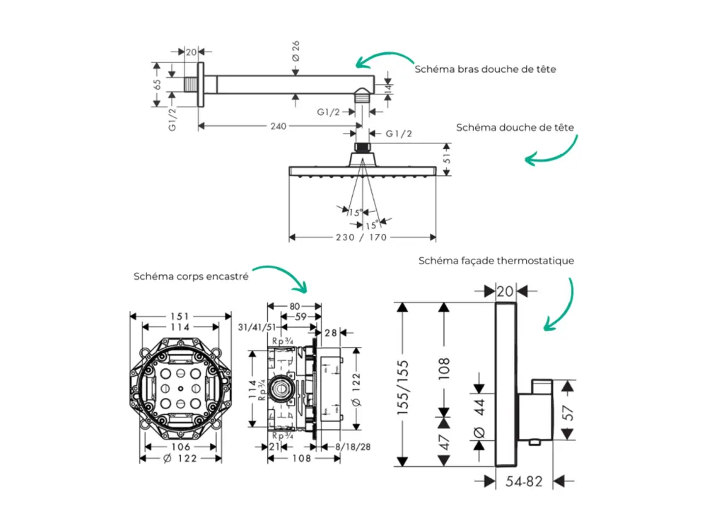 Colonne de douche thermostatique HANSGROHE ShowerSelect E Douche de tête Vernis Shape Élastique Metaflex Douchette Cromett...
