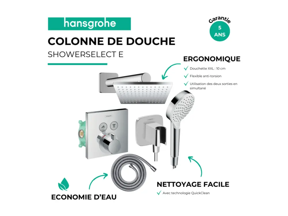 Colonne de douche thermostatique HANSGROHE ShowerSelect E Douche de tête Vernis Shape Élastique Metaflex Douchette Cromett...
