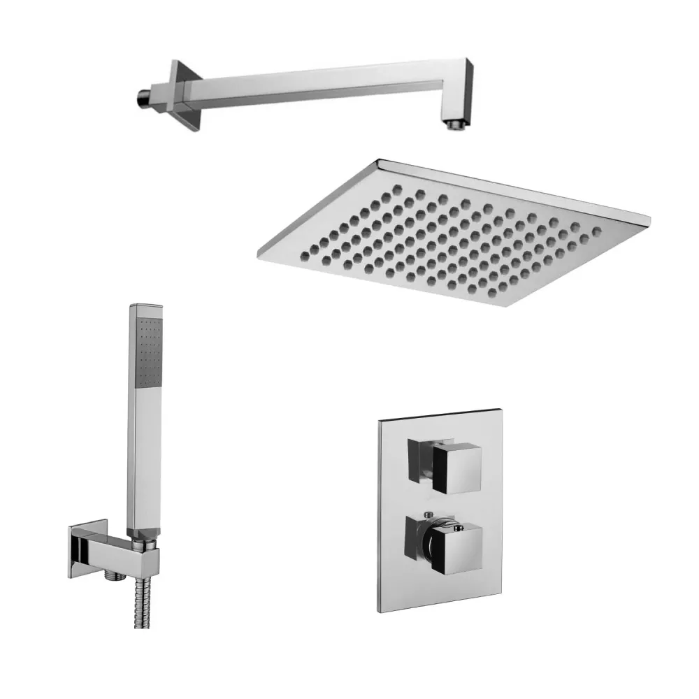 Ensemble de douche avec pomme de douche et bras et kit douche carré duplex avec mitigeur thermostatique avec plaque rectan...
