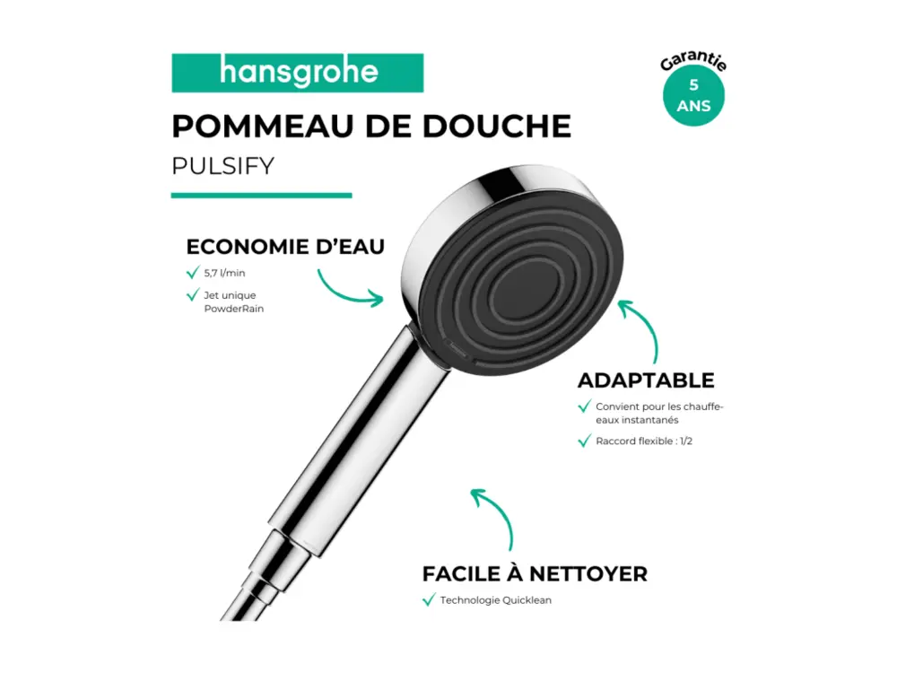 HANSGROHE Douchette à main 105 1jet EcoSmart 9l/min chromé Pulsify Installation Rapide