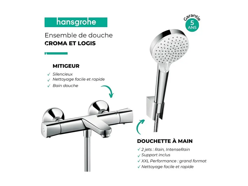Haute Qualité Professionnelle Douchette à main HANSGROHE Crometta + Mitigeur thermostatique bain douche Ecostat