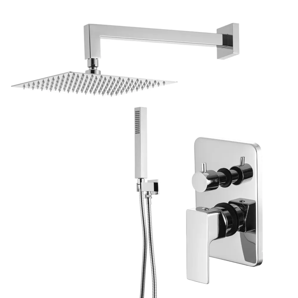 Kit de douche encastré à deux voies avec pomme de douche carrée 200 mm en laiton chromé Nix