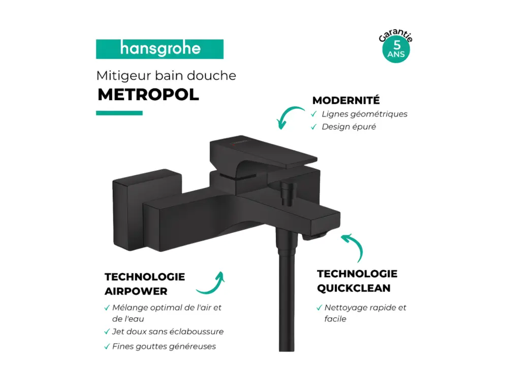 Mitigeur bain douche mécanique HANSGROHE Metropol noir mat Finition Noir Mat