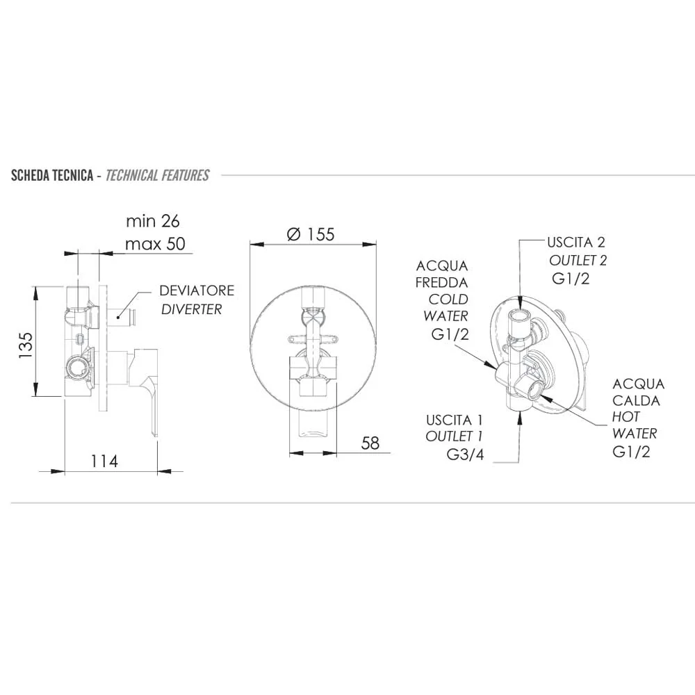 Mitigeur monocommande douche avec déviateur achevé avec corps encastré collection Energy de Remer Rubinetterie