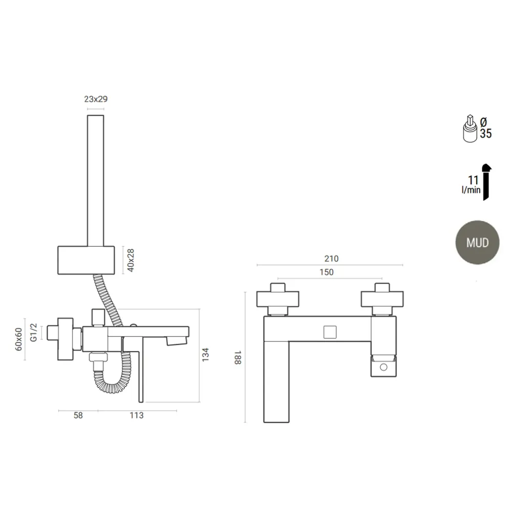 Mitigeur monocommande pour baignoire avec kit douchette, excentriques et rosaces RubiFlux Square Mud - Gris boue
